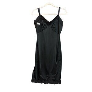 Vintage Rogers Women's Slip Dress Nightgown Black Satin Lace Trim 50s Lingerie